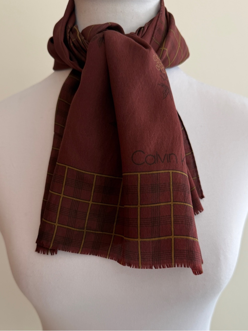 CALVIN KLEIN Signed Silk Scarf Rectangle Plaid Floral Old Money Casual Chic FLAW